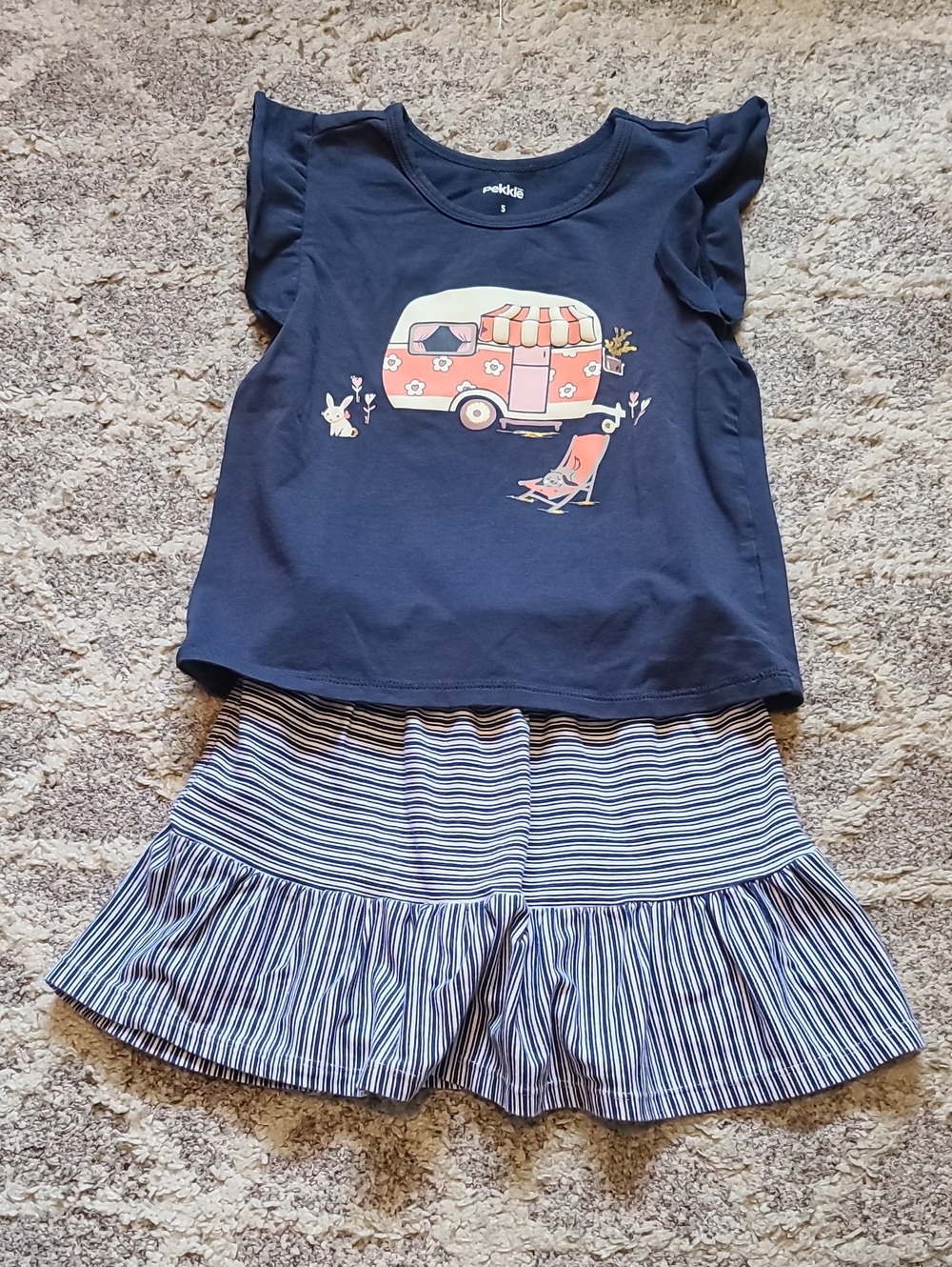 4 for $28 - Pekkle Girls 5 Blue Shirt & Blue & White Skort Set